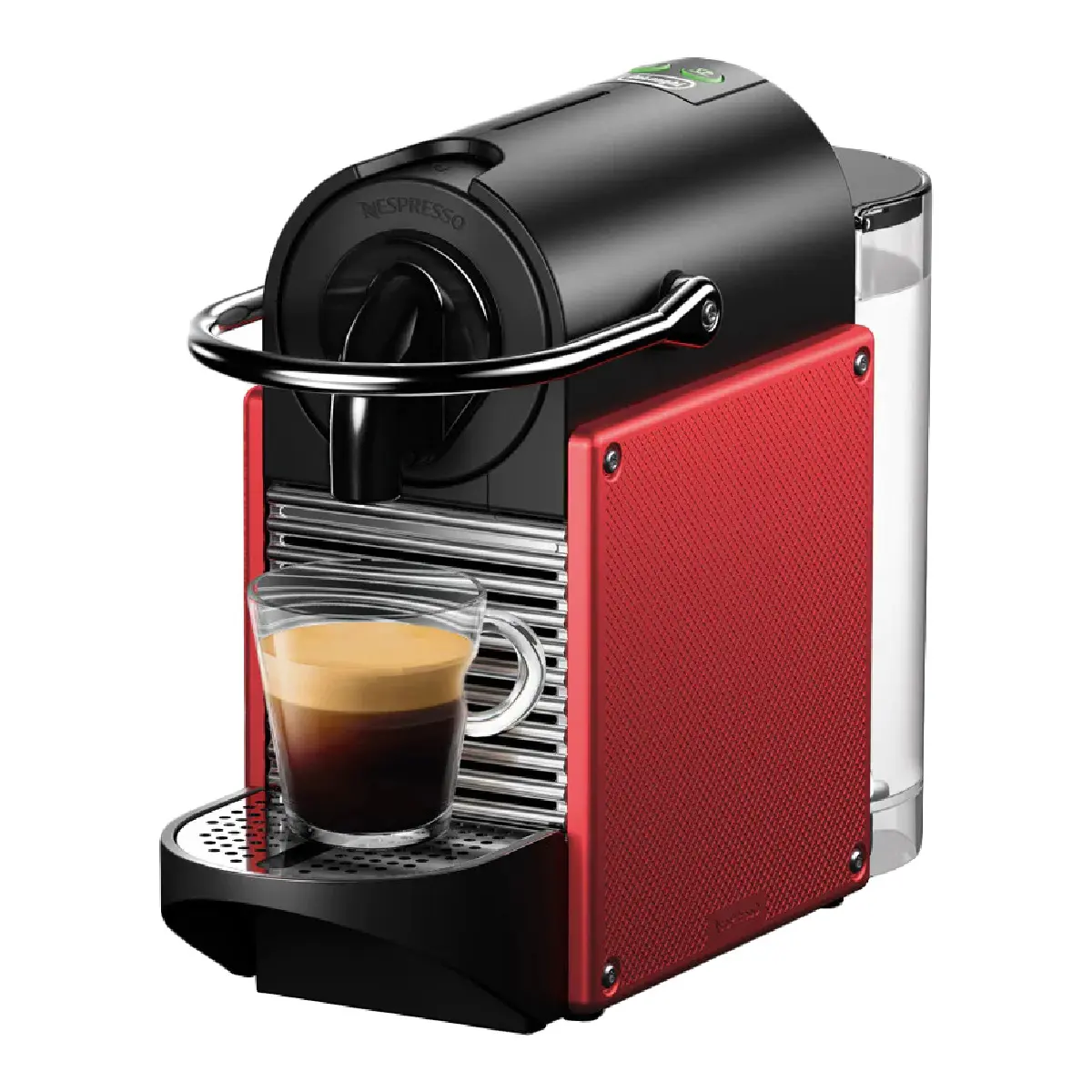 Капсульная кофеварка nespresso delonghi pixie en124.r Кофемашина Nespresso красного цвета готовит кофе.