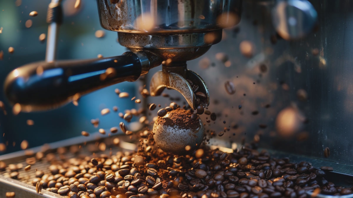 Приготовление эспрессо, кофемашина, свежемолотый кофе.