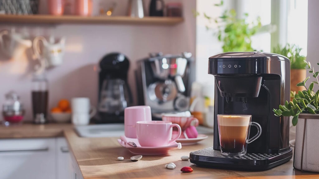 Кофемашина и чашка кофе на кухне.