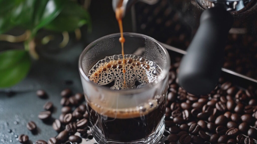 Заваривание эспрессо, кофейные зерна на столе.