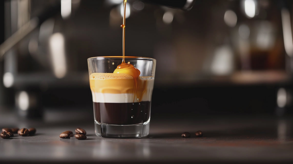 Эспрессо с кремовой пенкой и кофейными зёрнами.