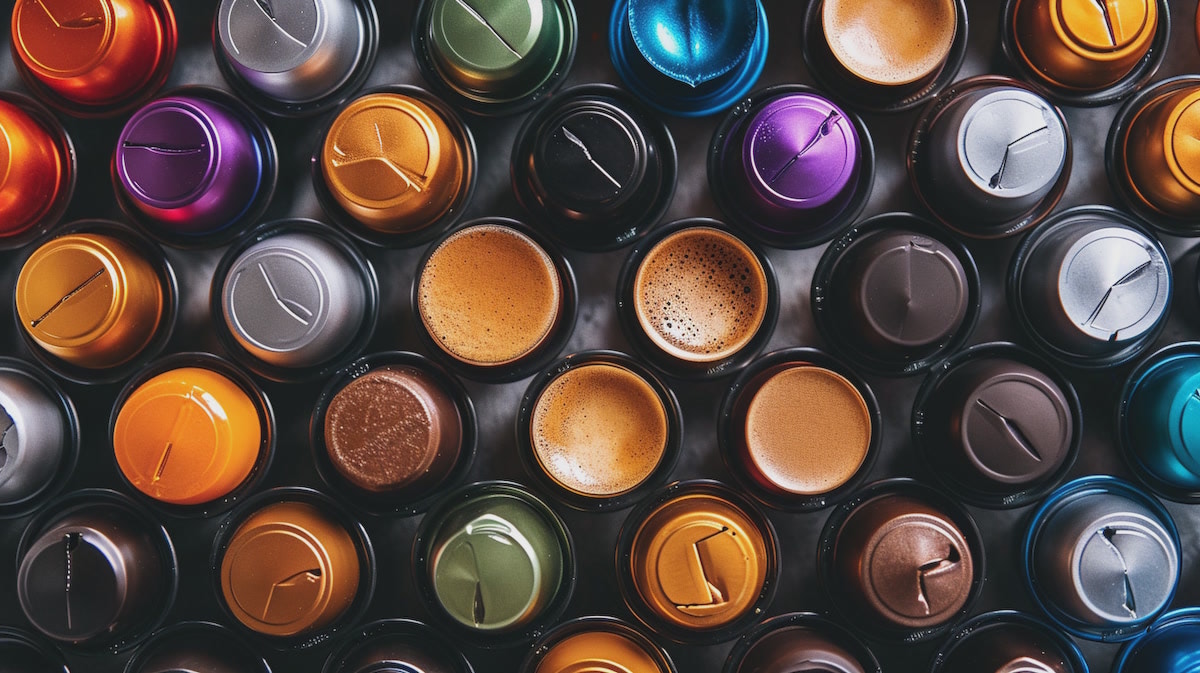 Цветные кофейные капсулы сверху.