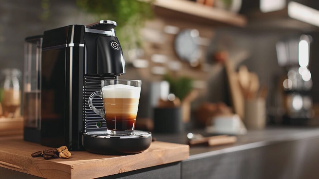 Кофемашина готовит капучино на кухне.