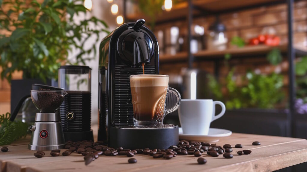 Кофемашина и свежий капучино на столе.