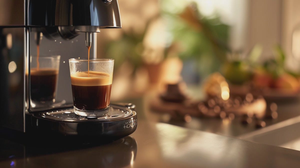 Кофемашина готовит эспрессо на кухне.