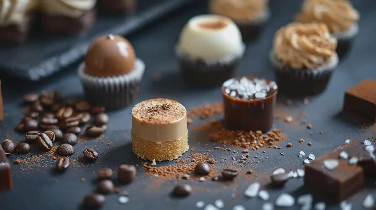 Шоколадные десерты и кофейные зерна.