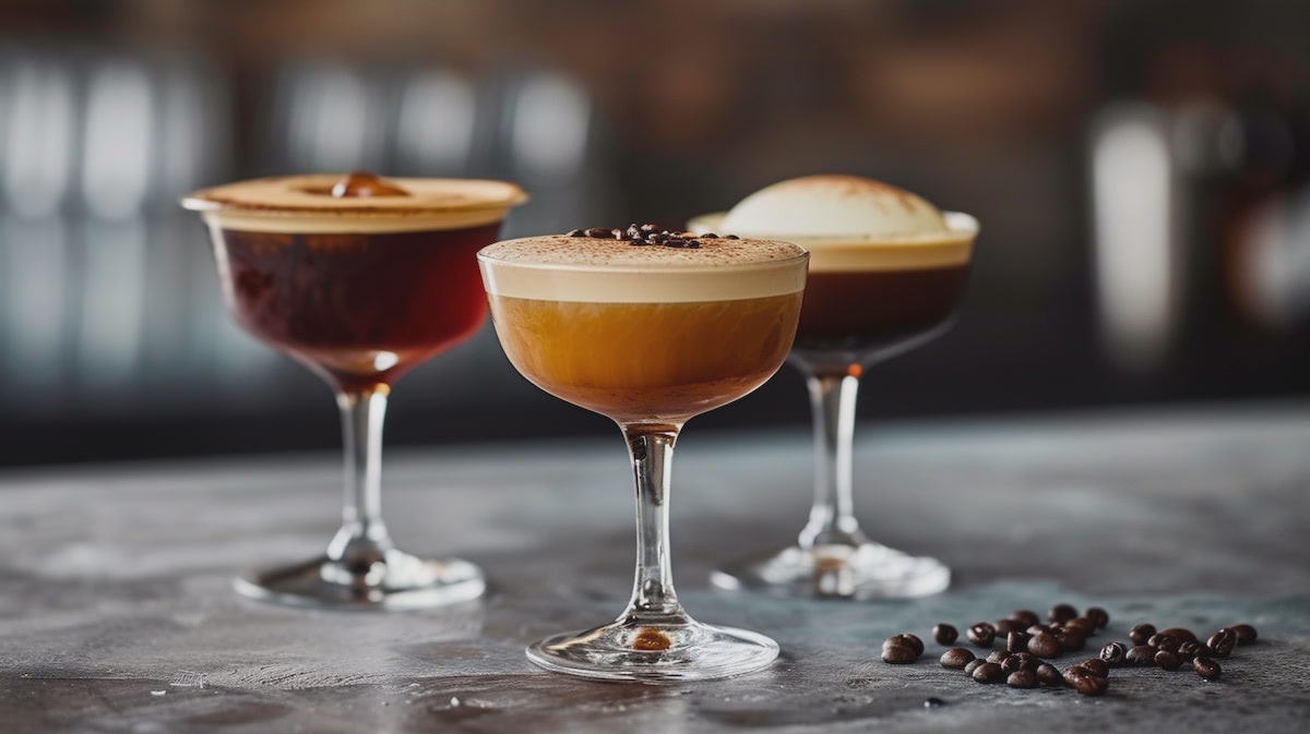 Три коктейля эспрессо мартини с кофейными зёрнами.