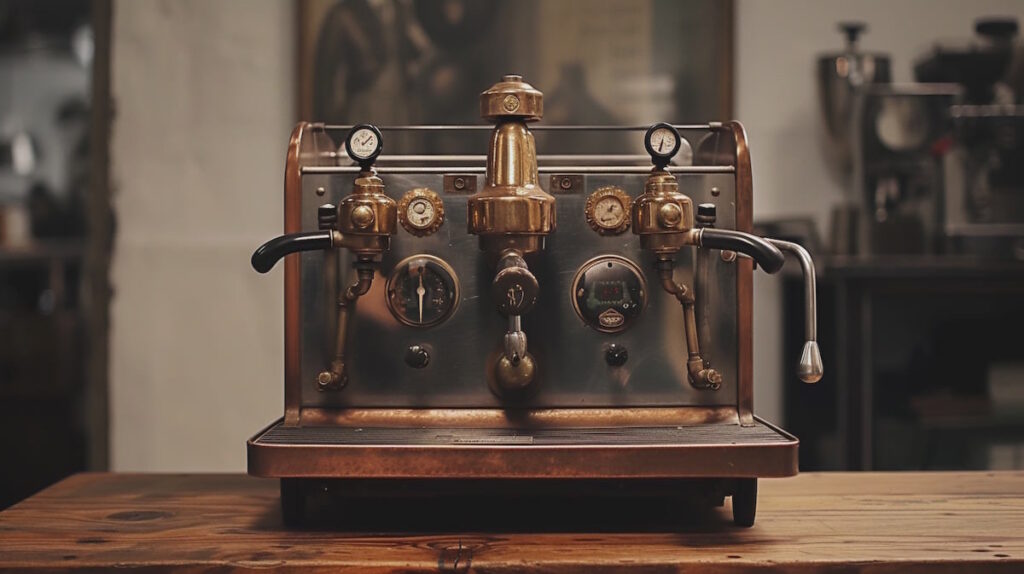 Кофемашина ретро на столе.