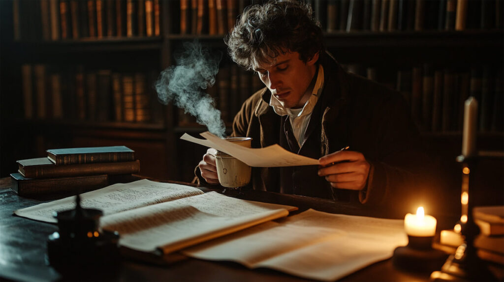 Author at a vintage desk, surrounded by handwritten pages, a steaming cup of coffee next to an inkwell, late night writing scene, soft candlelight illuminating the dark room, old books on shelves in the background, focused and inspired expression