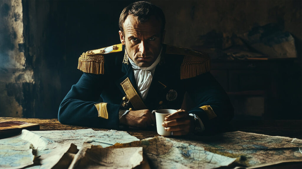 Napoleon Bonaparte sitting at a table with a strong cup of black coffee, intense expression, military uniform, maps spread out, planning a campaign, dramatic lighting, conveying power and determination