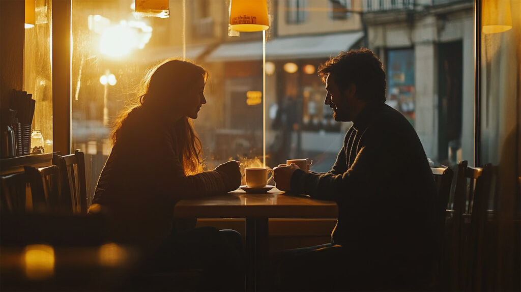Scene from a romantic movie set in a small European café, a couple sharing an intimate moment over coffee, warm ambient lighting, artistic composition, reflections in the café windows, cinematic atmosphere