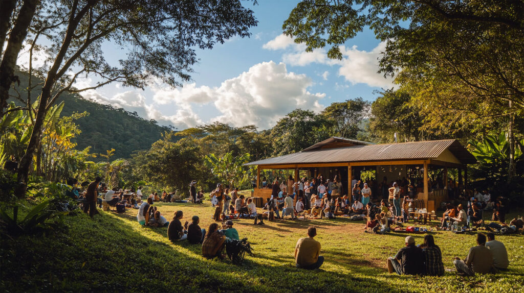 Festival de Café in Colombia, set in a lush coffee plantation, with farmers demonstrating coffee harvesting, traditional dances, live music, and tasting sessions showcasing different varieties of locally grown coffee