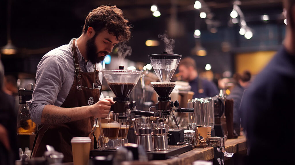 Vibrant scene at the London Coffee Festival, featuring professional baristas preparing coffee, people tasting different coffee varieties, bustling booths with coffee equipment, and an artsy atmosphere with live music and art exhibitions