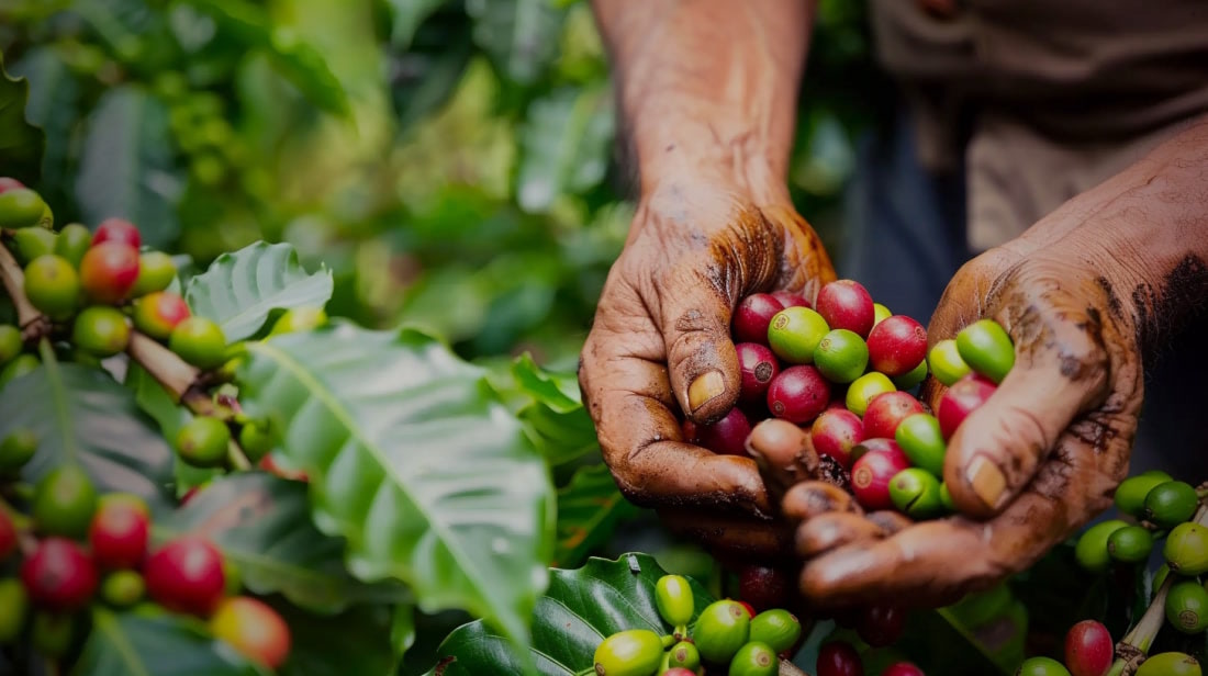 Руки с кофейными ягодами на плантации