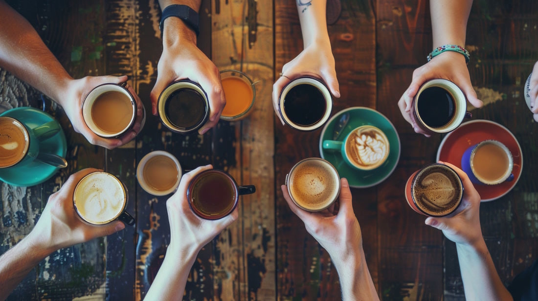Разнообразные кружки кофе в руках друзей.