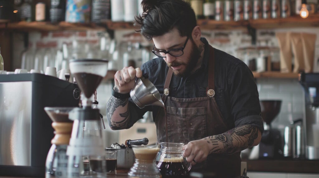 Бариста готовит кофе в кофейне