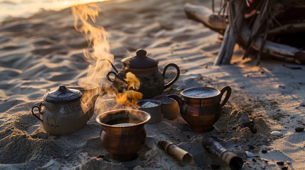 Чайники и чашки на пляже