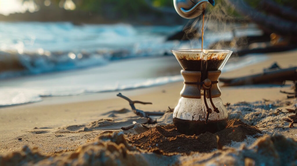 Кофейник на пляже у моря.