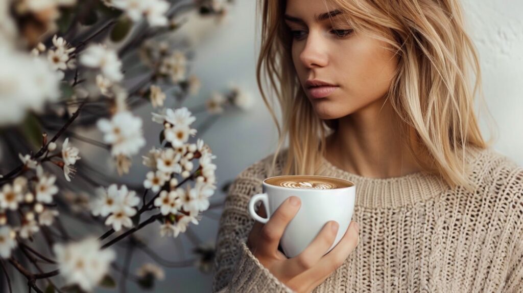 Женщина с чашкой кофе среди цветущих ветвей