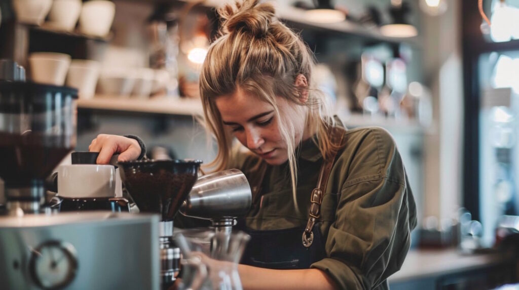 Бариста готовит кофе в кофейне.