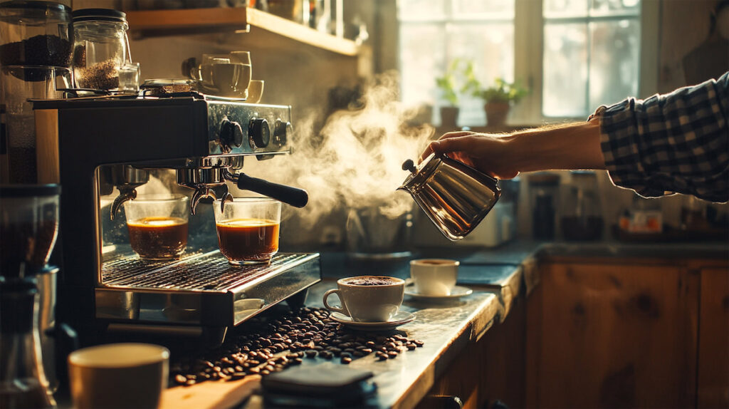 Приготовление кофе в кофемашине утром.