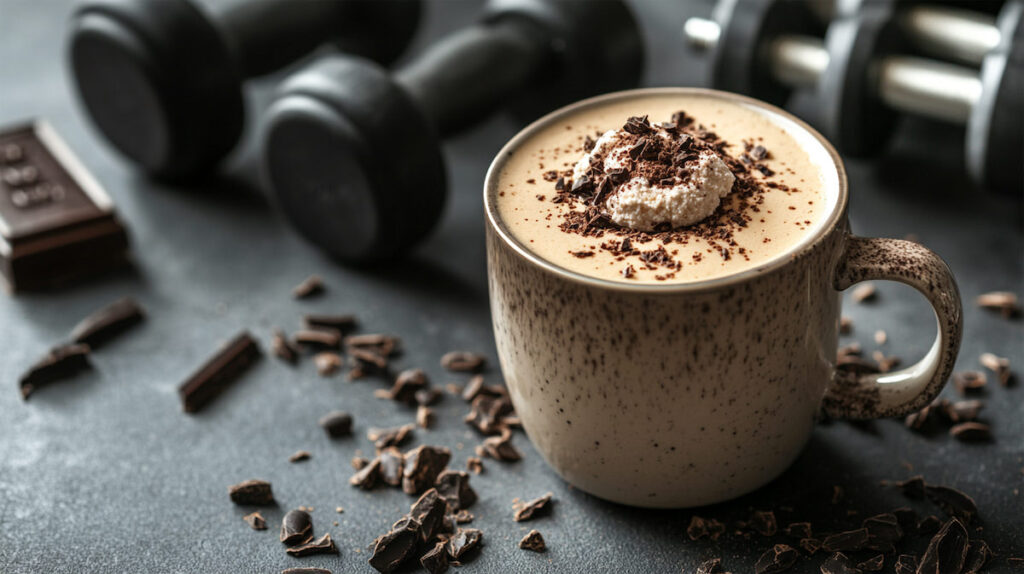 Протеиновый коктейль с шоколадом и гантелями на фоне