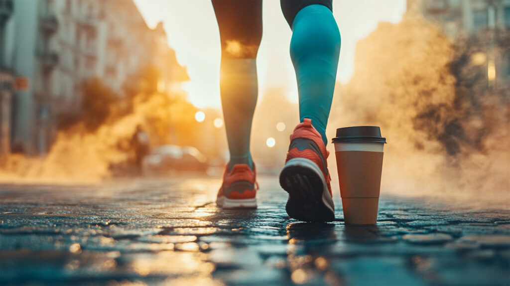 Бегун с кофейным стаканом на улице.