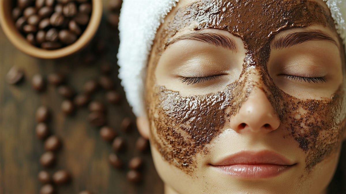Кофейная маска на женщине с закрытыми глазами