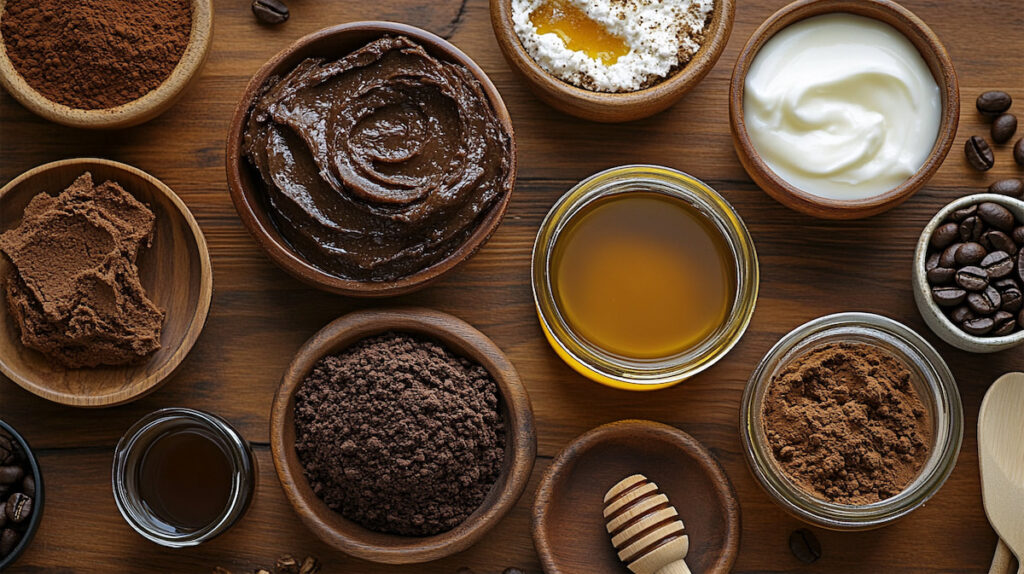 Натуральные ингредиенты для косметики: мед, кофе, масло.