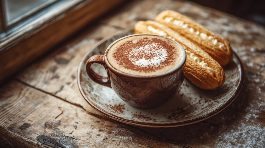 Кофе с эклерами на деревянном столе
