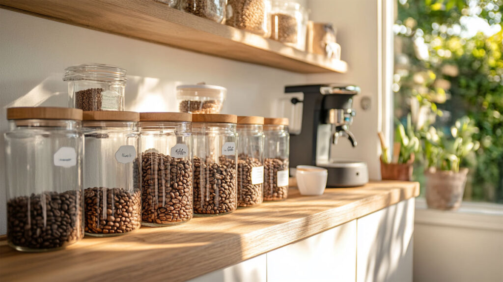 Полки с кофейными зернами и кофемашина.