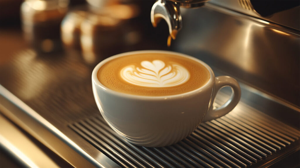 Чашка кофе с латте-артом на столе.