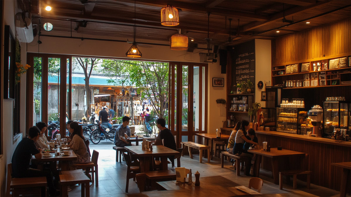 Уютное кафе с посетителями и уличным видом.