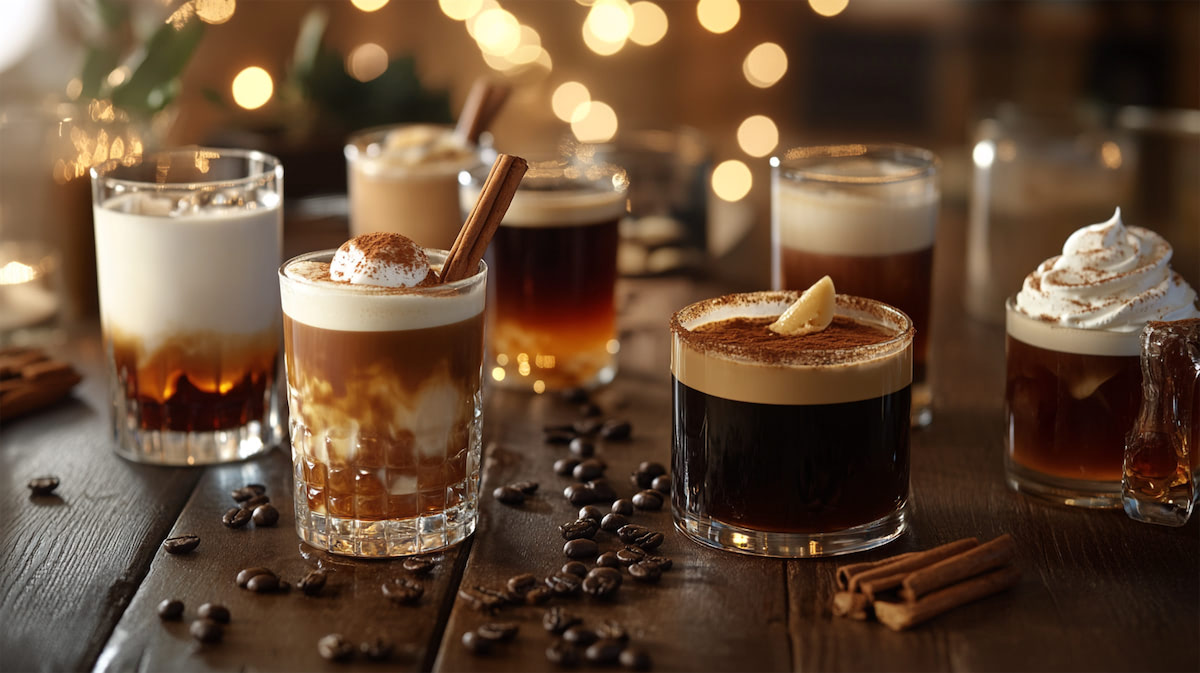Разнообразие кофейных напитков в стаканах с корицей