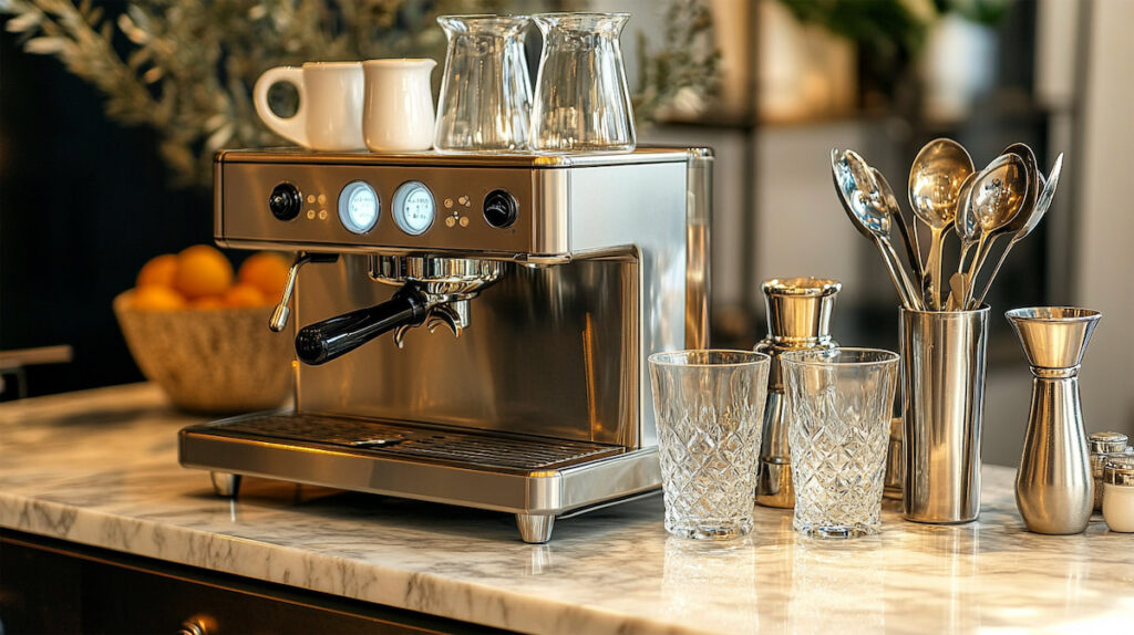 Кофемашина на мраморном столе с посудой