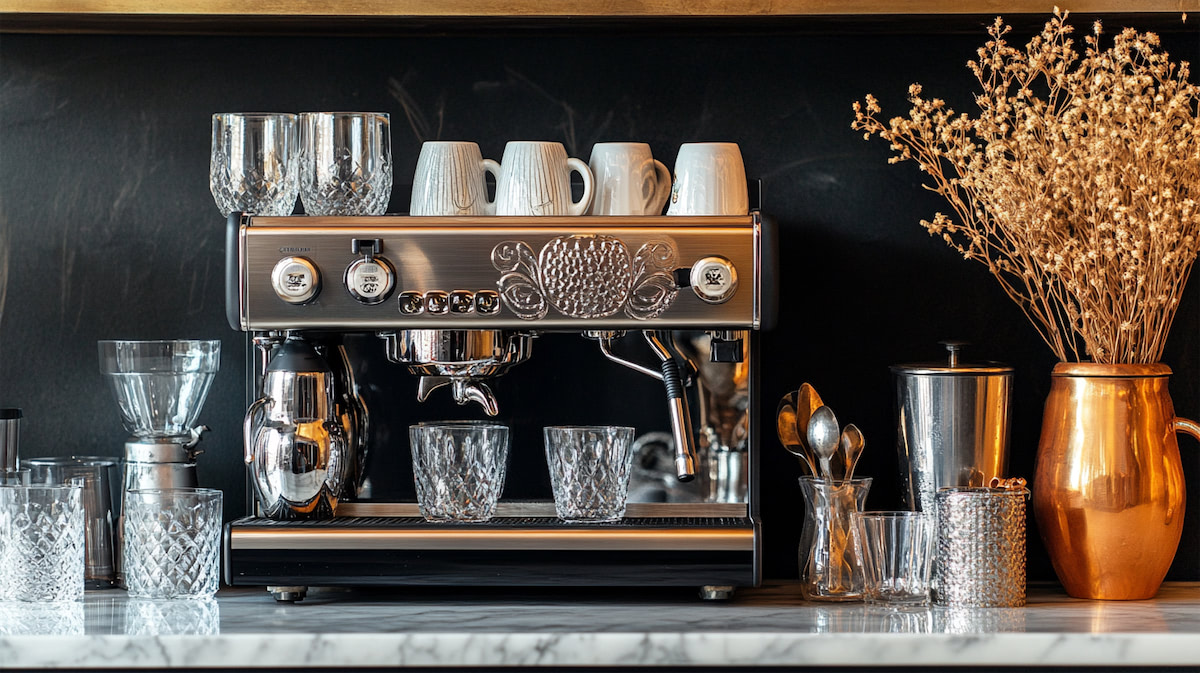 Эспрессо-машина и аксессуары на кухонной столешнице.