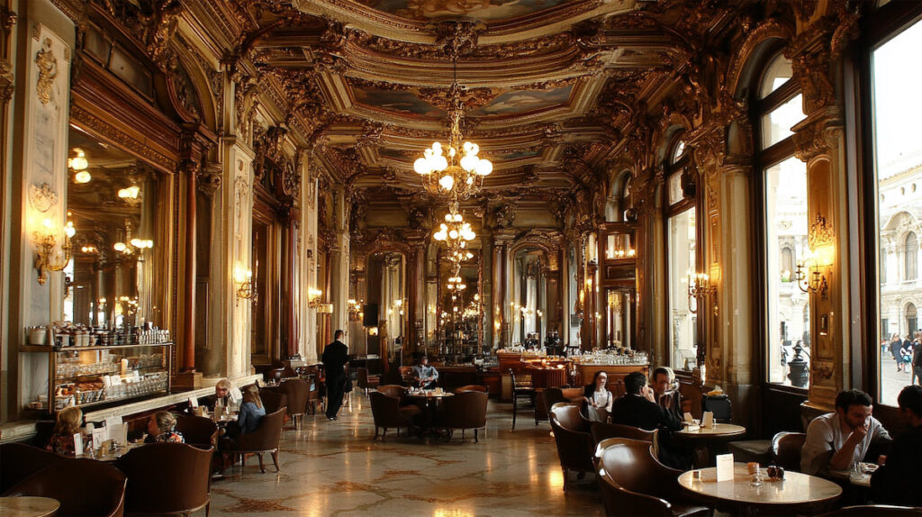 Элегантное кафе с шикарным интерьером и посетителями.