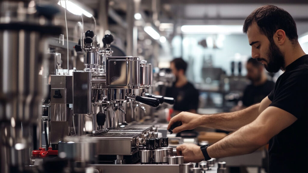 Работник настраивает кофейное оборудование на фабрике.