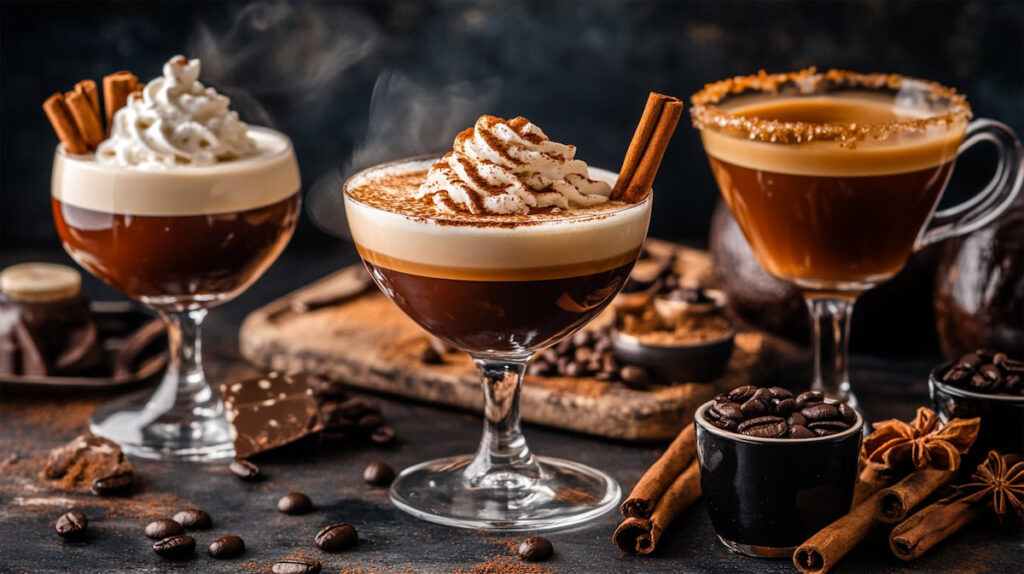 Три чашки кофе с корицей и взбитыми сливками.