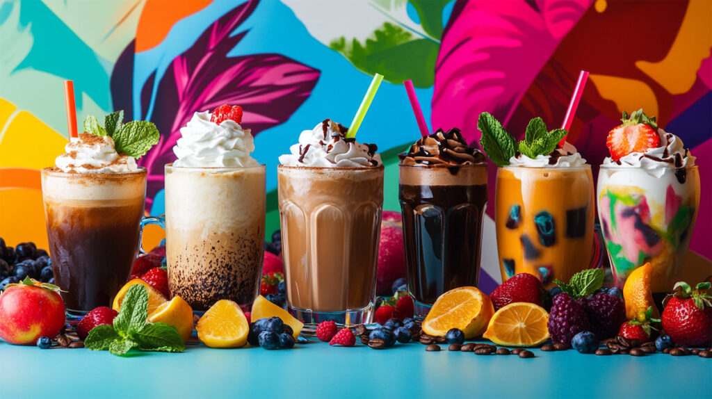 Разноцветные освежающие напитки с фруктами и льдом.