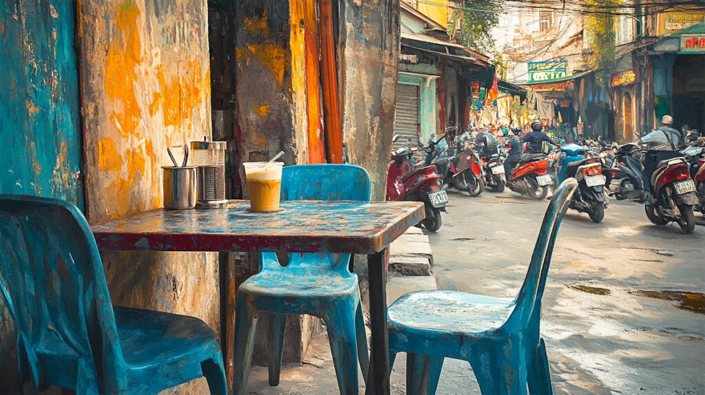Улица с кафе и мотоциклами, утро, Юго-Восточная Азия