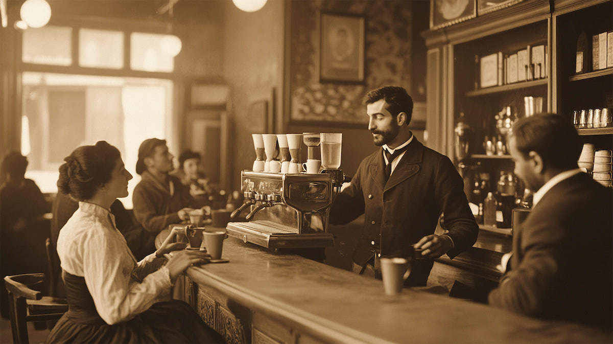 Историческая кофейня, бариста обслуживает клиентов