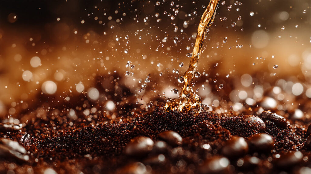 Вода льется на молотый кофе и зерна