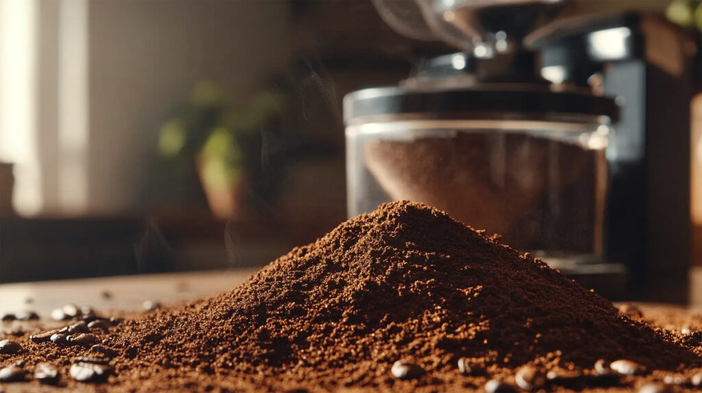 Свежемолотый кофе на фоне кофемолки.