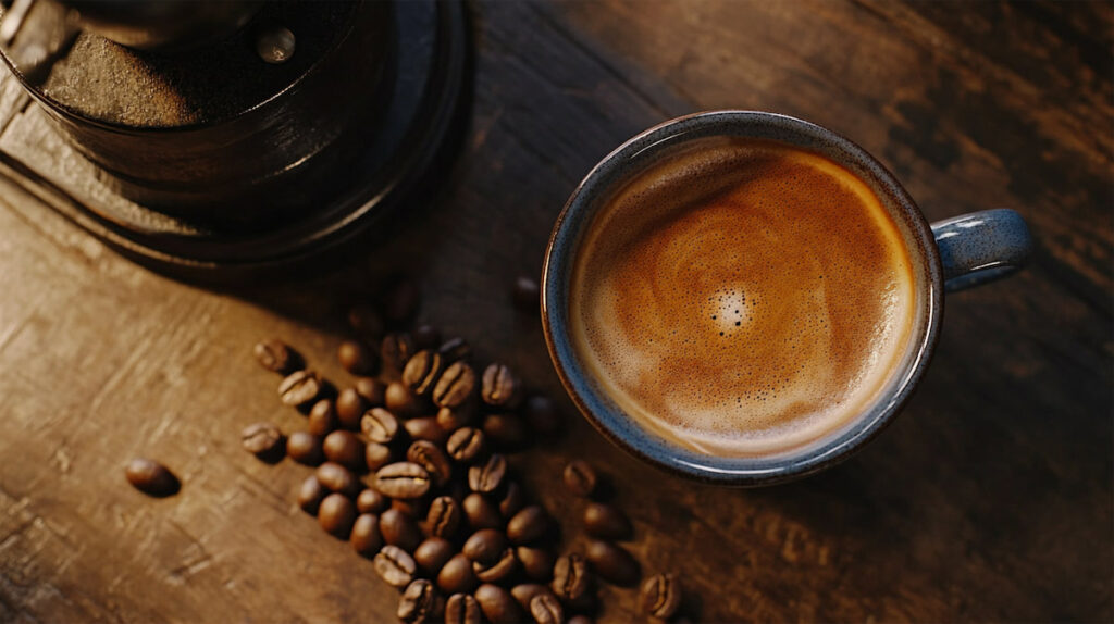 Чашка кофе и кофейные зерна на столе.