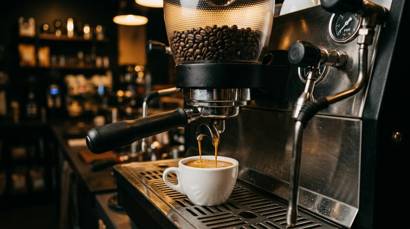 Эспрессо из зерновой кофемашины в офисе