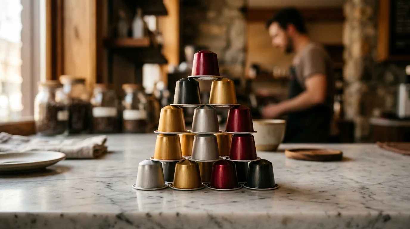 Стопка кофейных капсул разных цветов