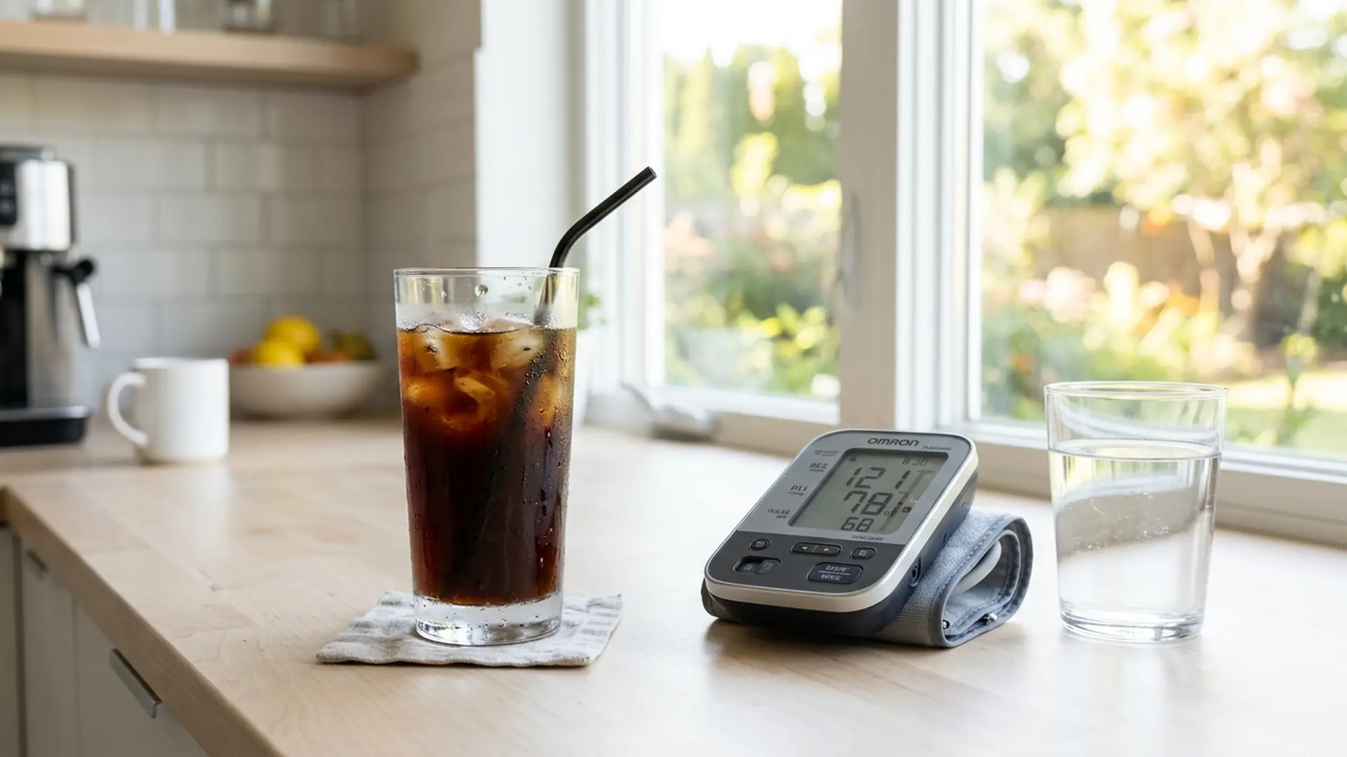 Стакан холодного кофе рядом с тонометром и стаканом воды на кухне летним утром