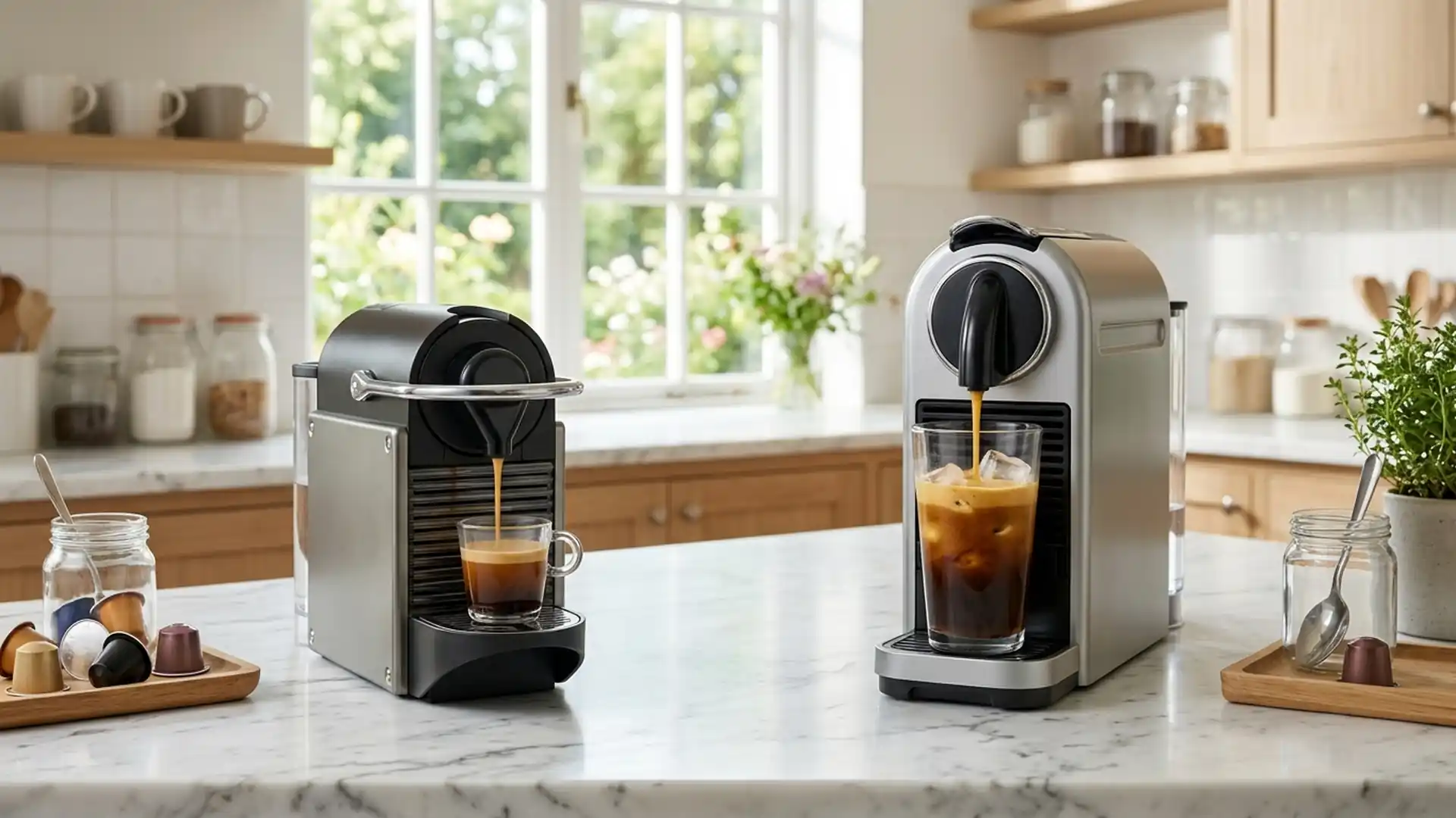 Две капсульные кофемашины Nespresso на мраморной столешнице с айс-латте
