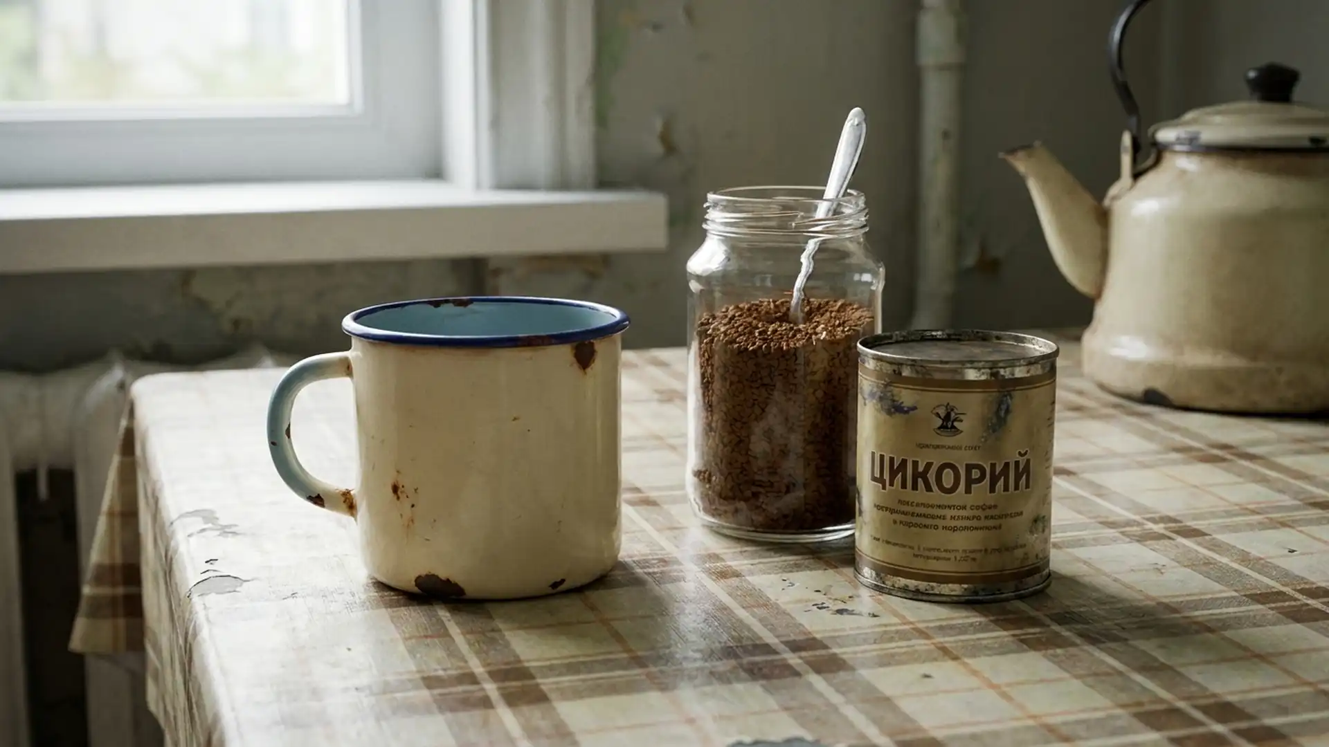 Эмалированная кружка, банка растворимого кофе и цикорий на клеёнчатой скатерти